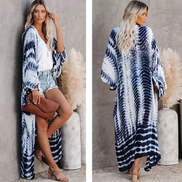 New Blue Boho Tie Dye Kimono - Picture 4 of 12